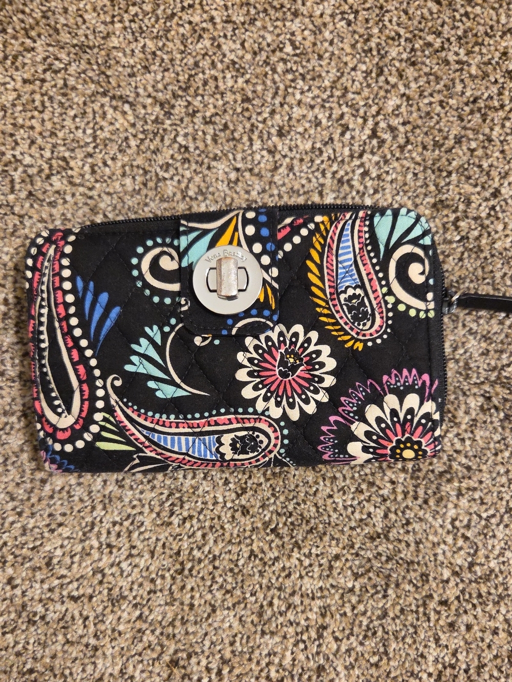 Vera Bradley Black Quilted Paisley Floral Wristlet with Multicolor Accents
